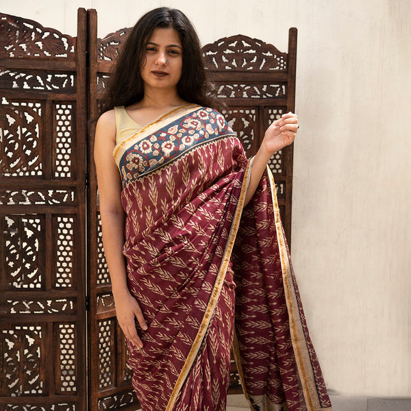 Chanderi Silk Printed Saree with Blouse | Teal Border | Maroon