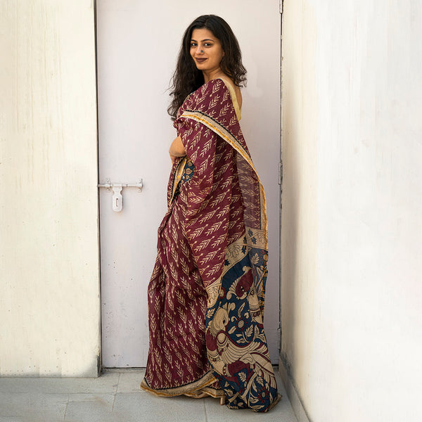 Chanderi Silk Printed Saree with Blouse | Teal Border | Maroon