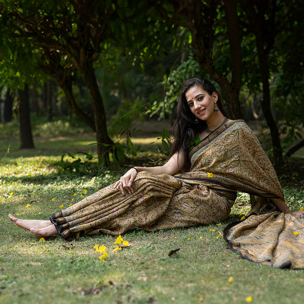 Maheshwari Silk Saree with Blouse Piece | Kalamkari Print | Mustard