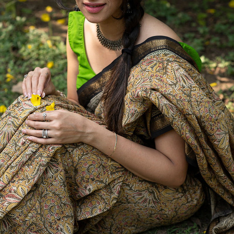 Maheshwari Silk Saree with Blouse Piece | Kalamkari Print | Mustard