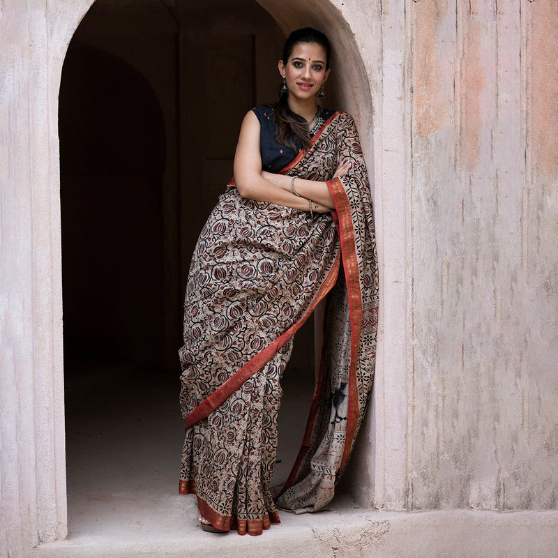 Maheshwari Silk Kalamkari Saree with Blouse Piece | Floral Motif | Beige