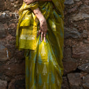 Mulberry Silk Saree with Blouse Piece | Block Printed | Mehndi Green