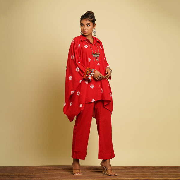 Cotton Cambric Shirt for Women | Hand Tie-Dye & Embroidered | Red