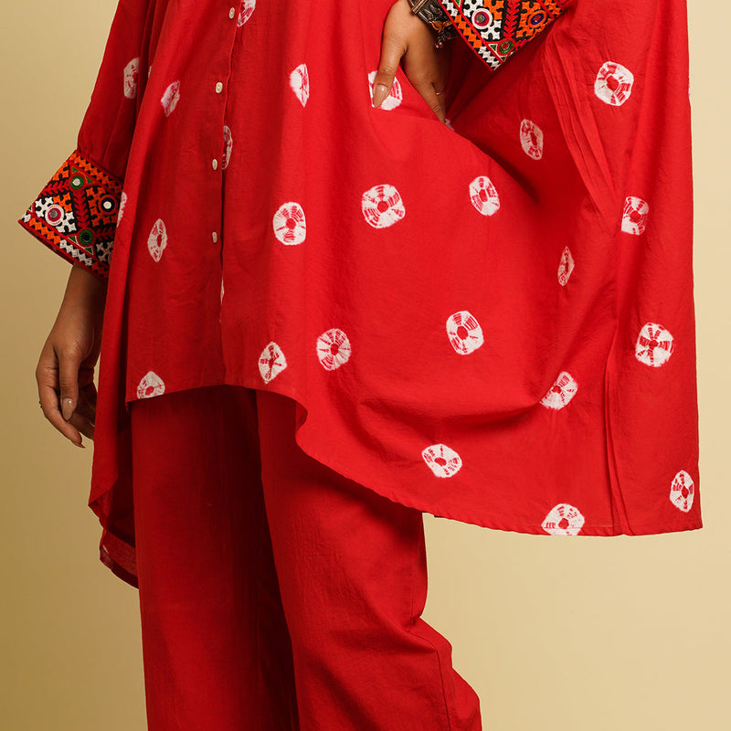 Cotton Cambric Shirt for Women | Hand Tie-Dye & Embroidered | Red