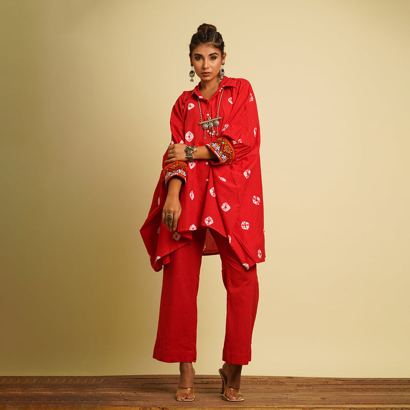 Cotton Cambric Co Ord Set for Women | Hand Tie-Dye | Red