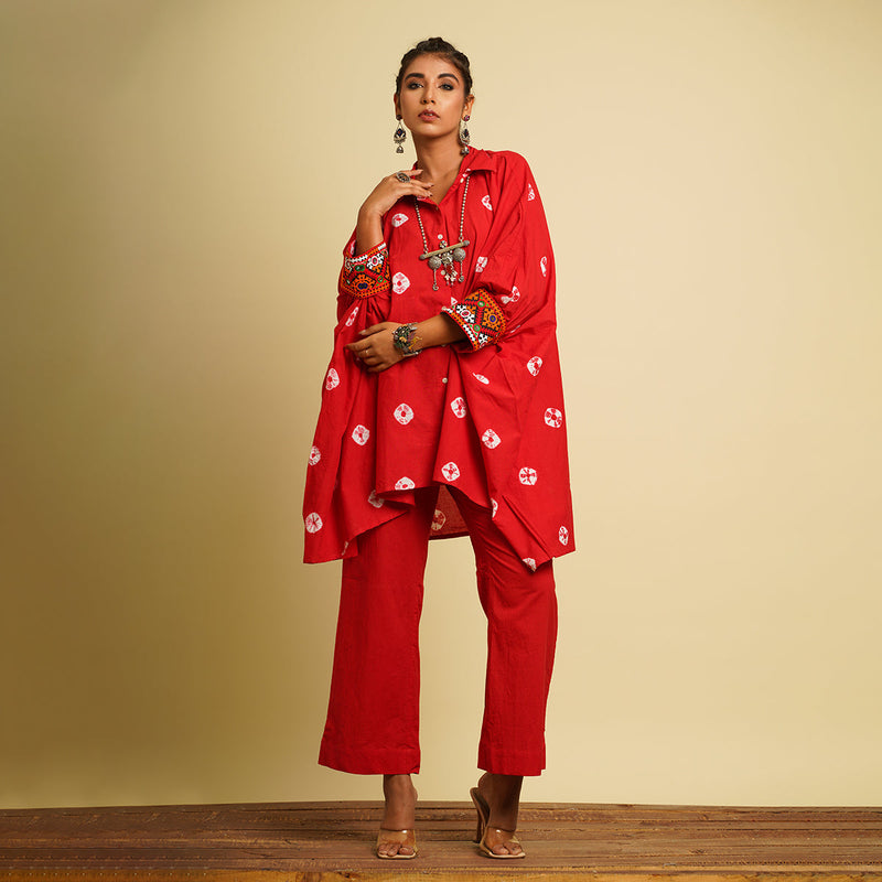 Cotton Cambric Co Ord Set for Women | Hand Tie-Dye | Red