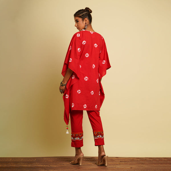 Cotton Cambric Kaftan Co Ord Set for Women | Tie-Dye | Red