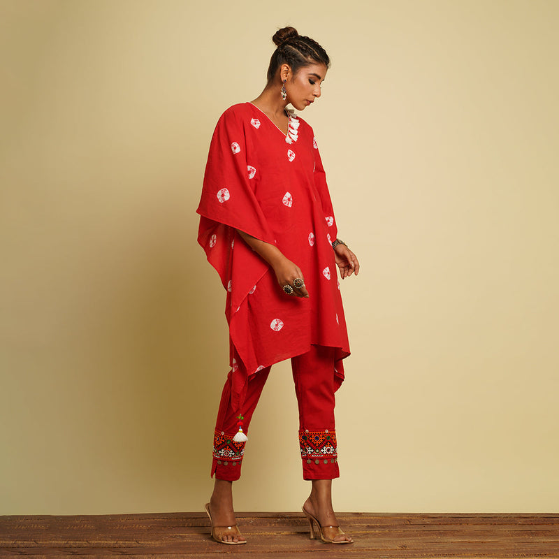 Cotton Cambric Kaftan Co Ord Set for Women | Tie-Dye | Red