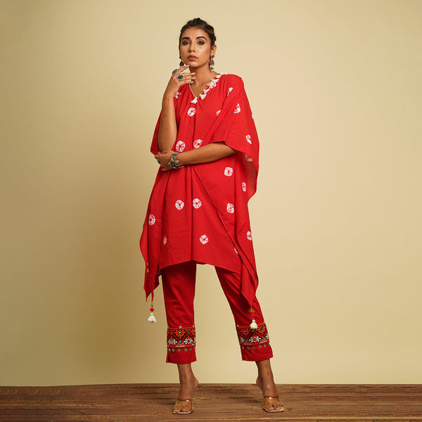 Cotton Cambric Kaftan Co Ord Set for Women | Tie-Dye | Red