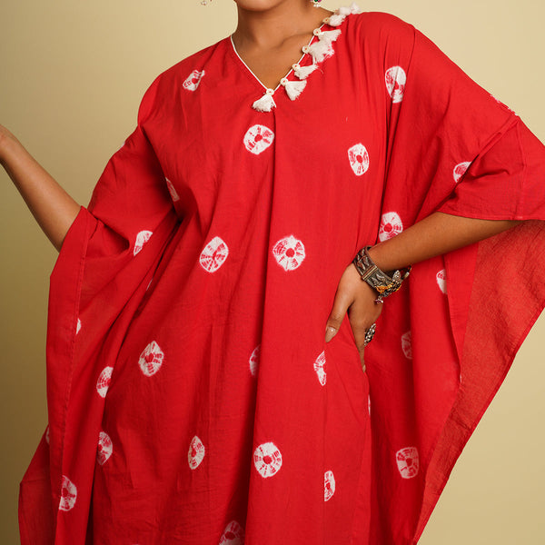 Cotton Cambric Kaftan Co Ord Set for Women | Tie-Dye | Red