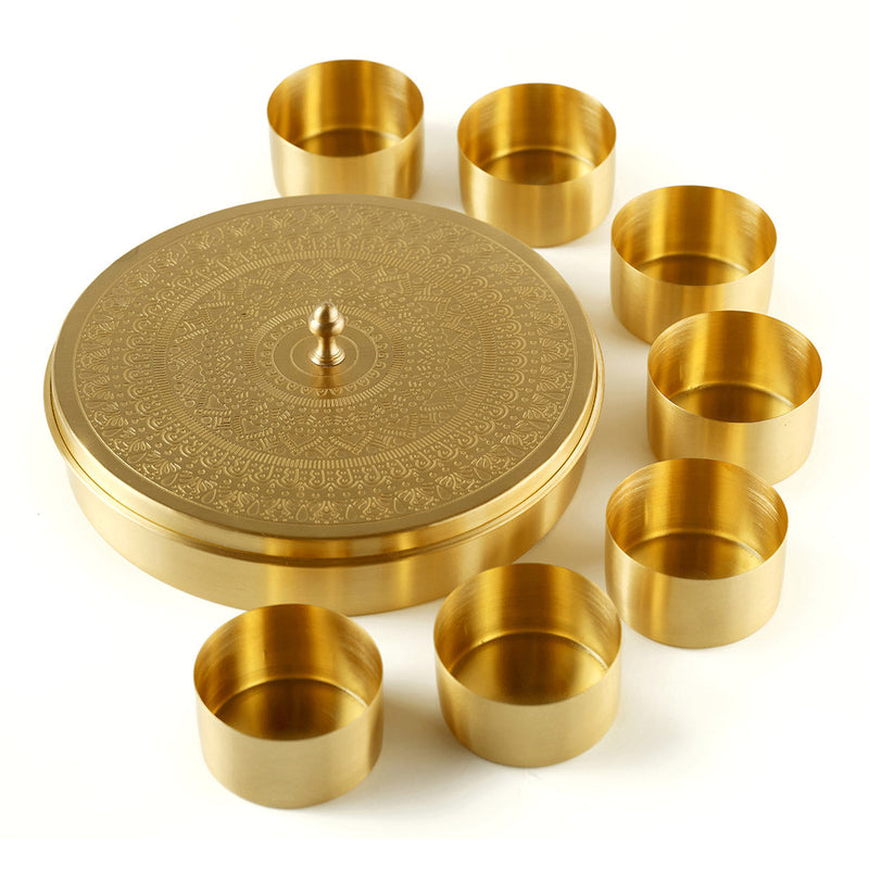 Brass Masala Box with Lid | 7 Containers | Golden | 21 cm.