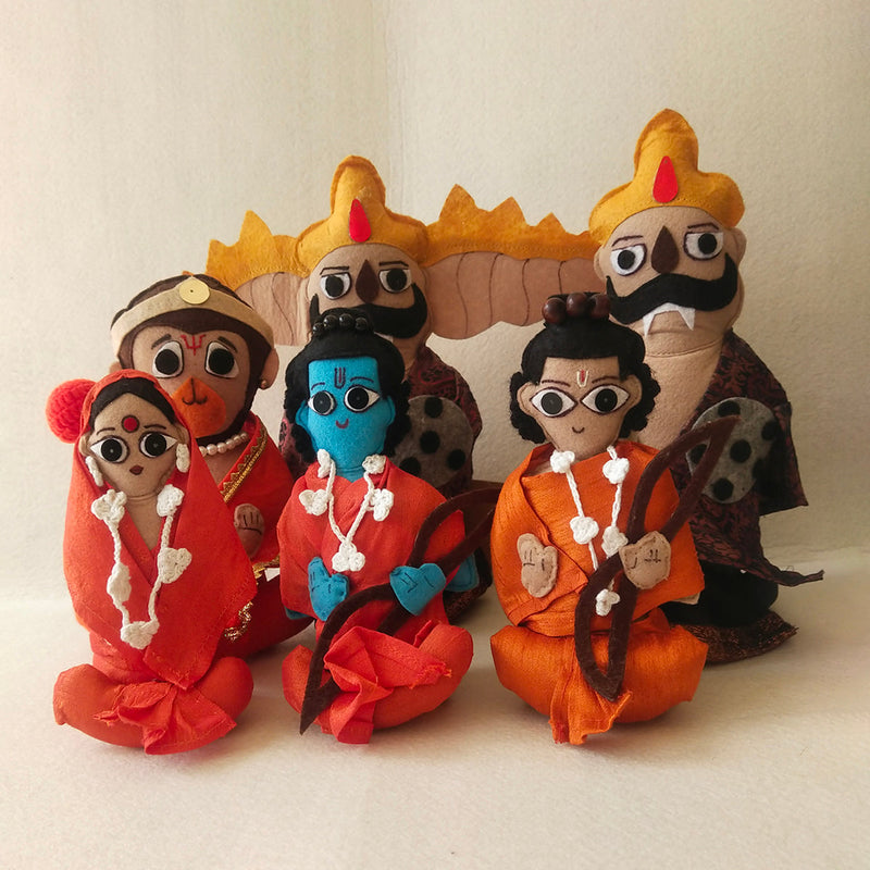 Upcycled Felt Ramayan Figurine | Orange | Set Of 6 | 6.5 Inches