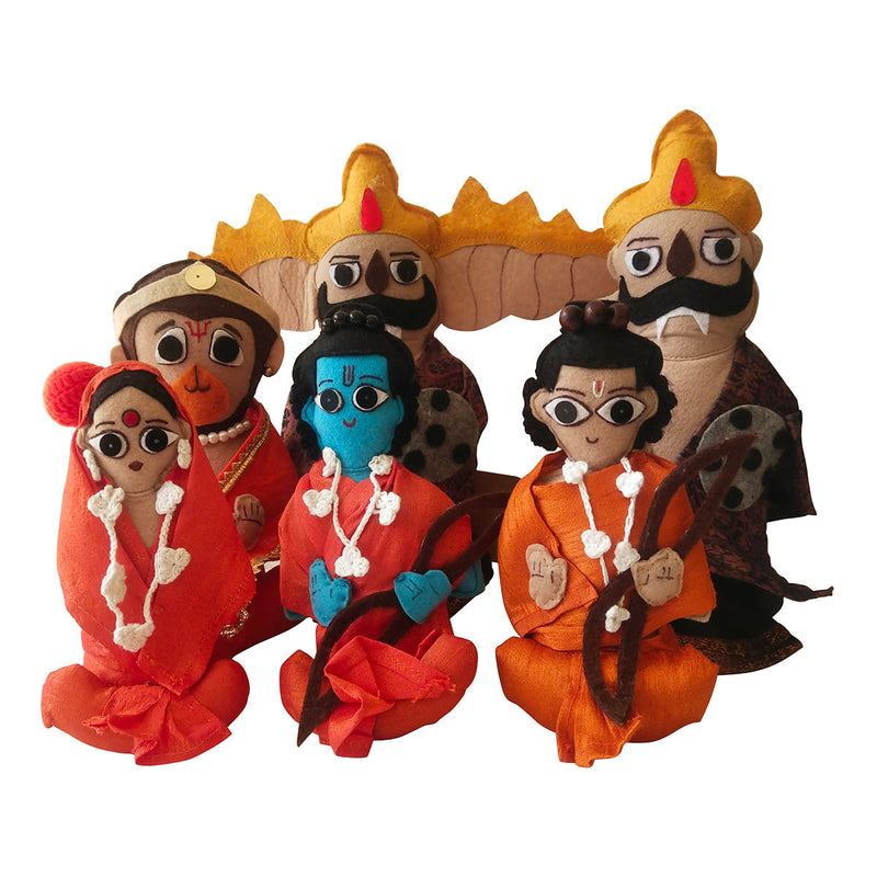 Upcycled Felt Ramayan Figurine | Orange | Set Of 6 | 6.5 Inches