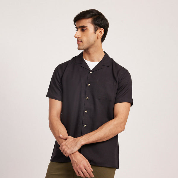 Men's Tencel Linen Black Shirt | Notch Collar | Half Sleeves