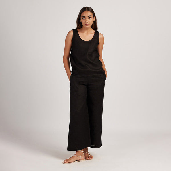 Women Black Linen Pants | Wide-Leg