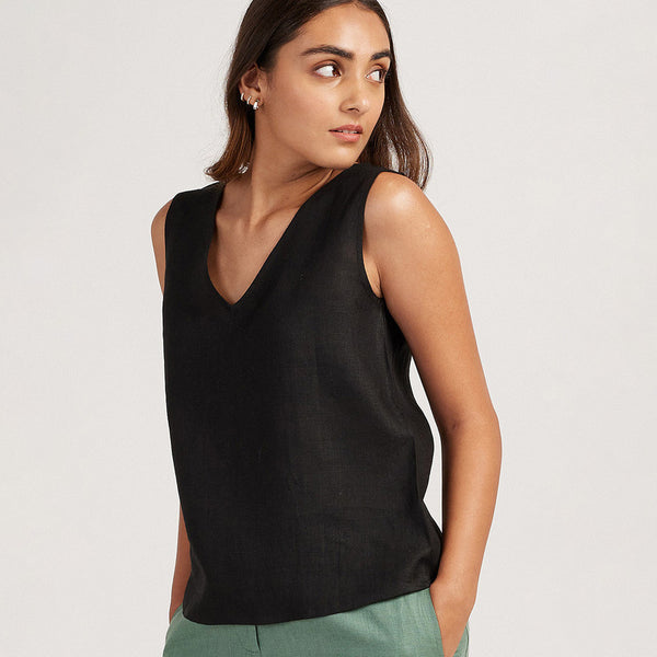 Linen Tank Top for Women | V-Neck | Black