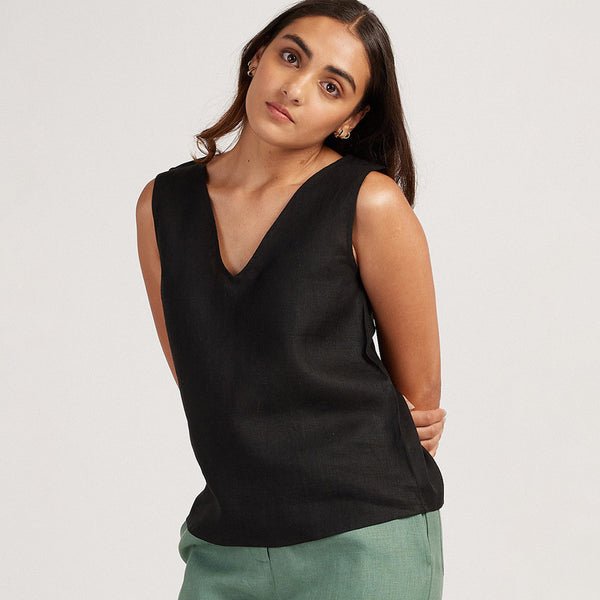 Linen Tank Top for Women | V-Neck | Black