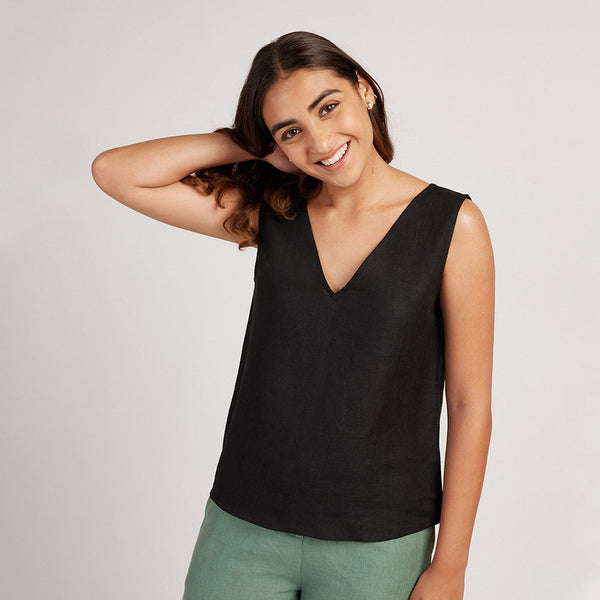 Linen Tank Top for Women | V-Neck | Black