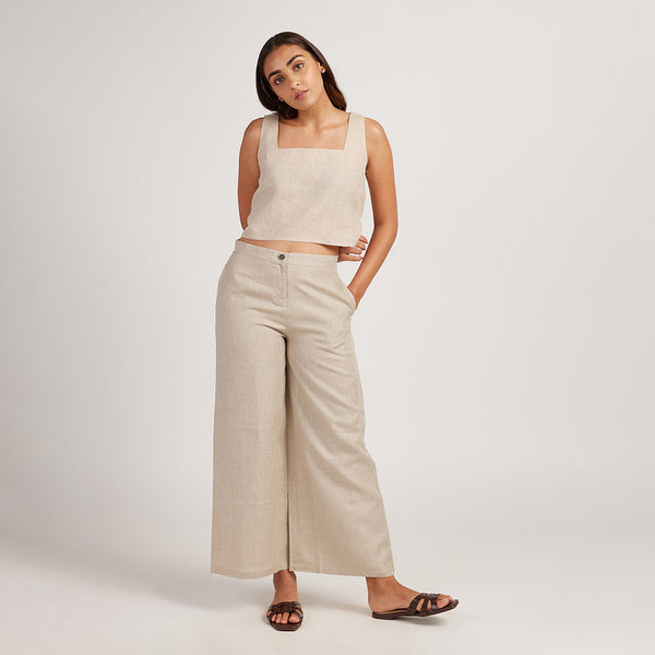 Women Linen Crop Top | Back-Tie | Beige