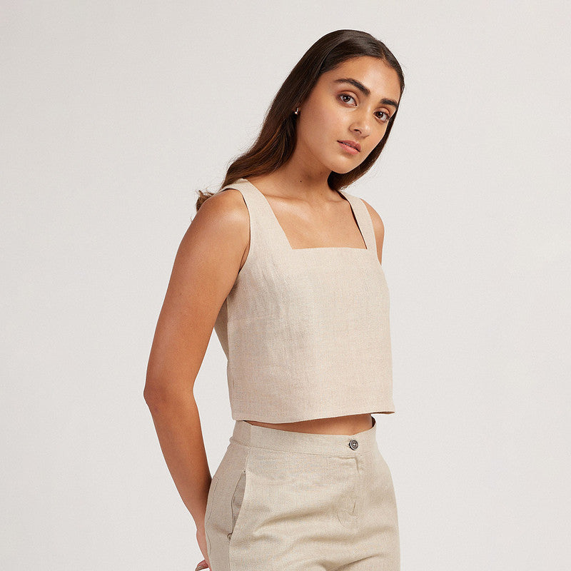 Women Linen Crop Top | Back-Tie | Beige