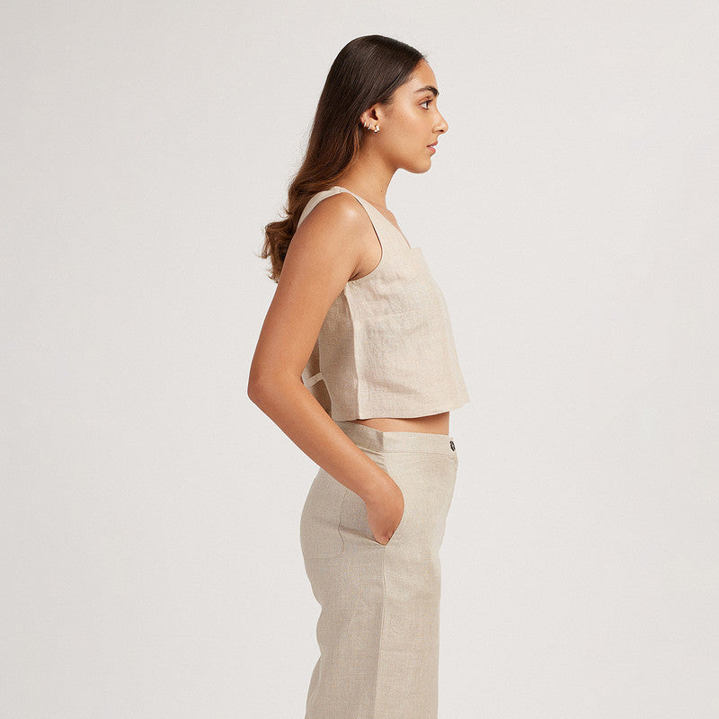 Women Linen Crop Top | Back-Tie | Beige