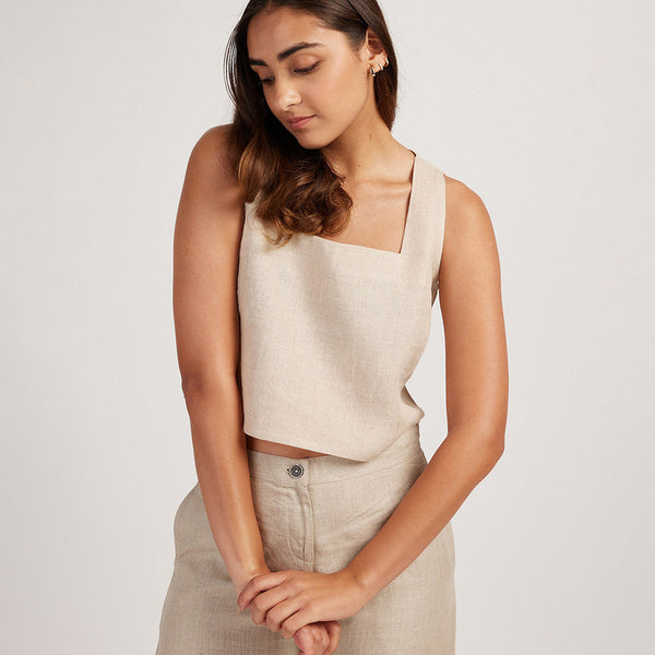 Women Linen Crop Top | Back-Tie | Beige