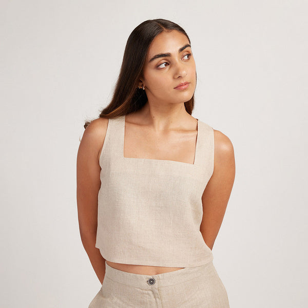 Women Linen Crop Top | Back-Tie | Beige