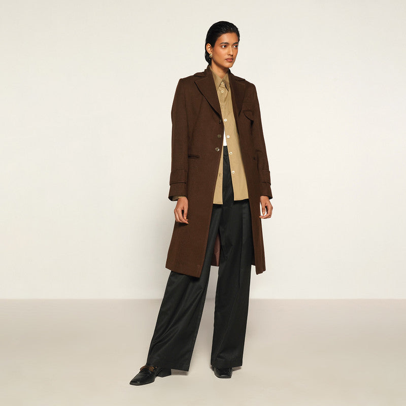 Woolen Overcoat with Belt for Women | Dark Brown