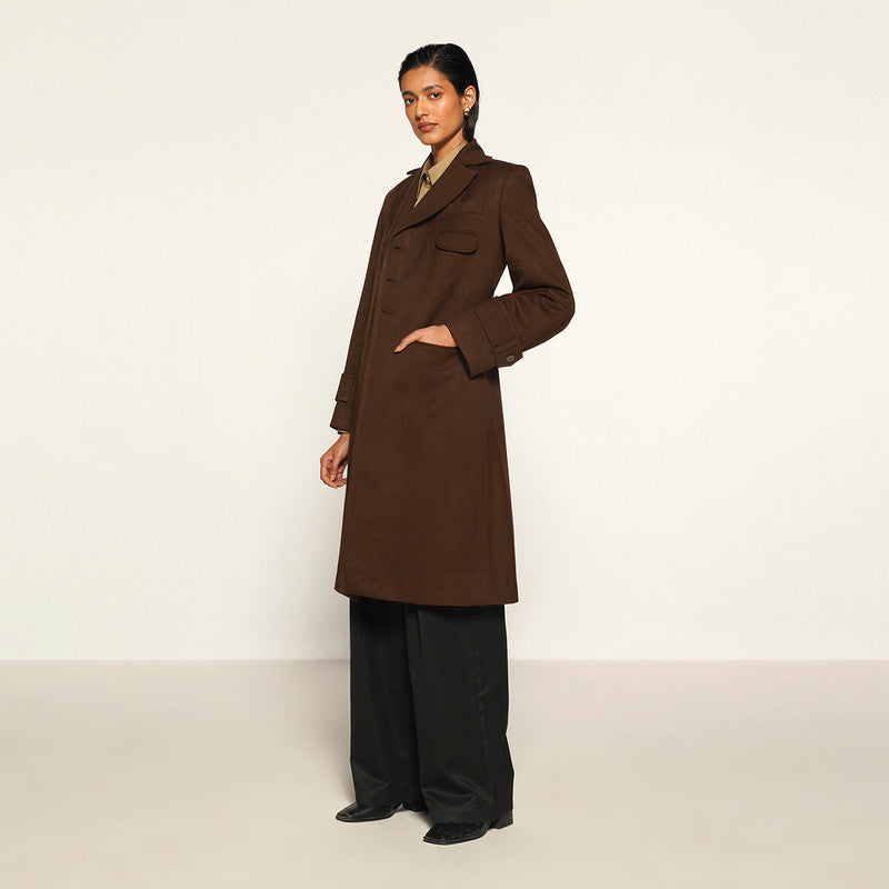 Woolen Overcoat with Belt for Women | Dark Brown