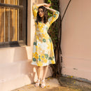 Organic Cotton Floral Midi Dress for Women | Yellow