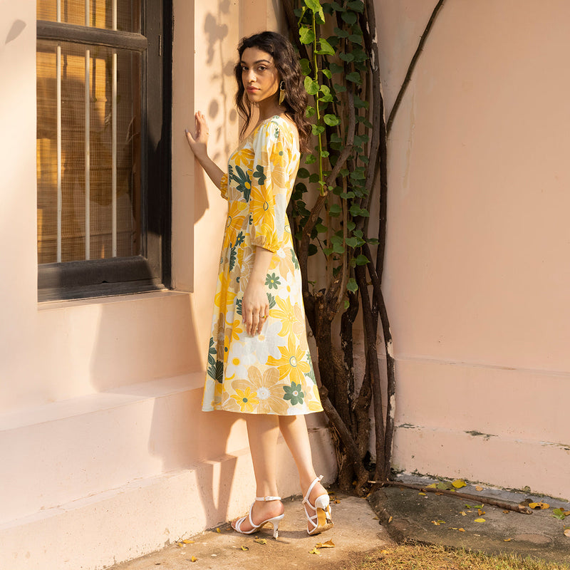 Organic Cotton Floral Midi Dress for Women | Yellow