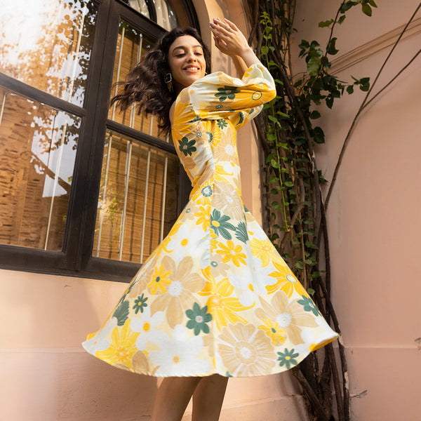 Organic Cotton Floral Midi Dress for Women | Yellow