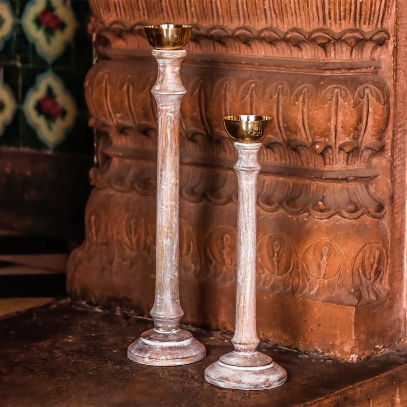 White Wood Candlestand | Candle Holder | Mango Wood & Brass | Set of 2