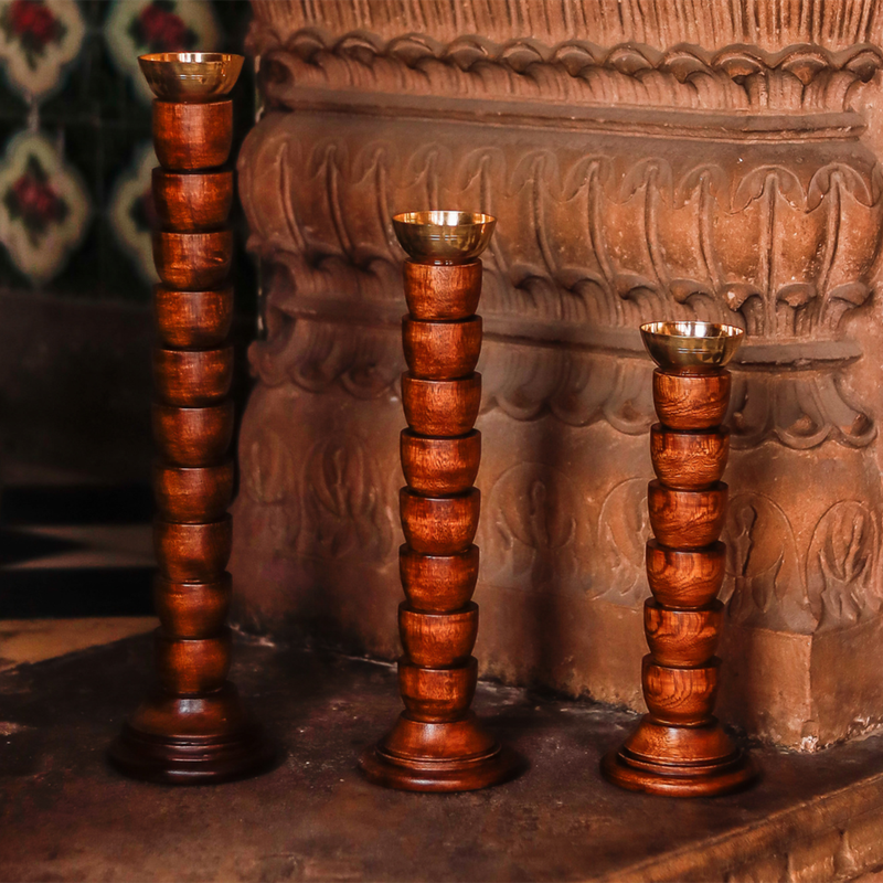 Rustic Glow Candlestand | Candle Holder | Mango Wood & Brass | Set of 3