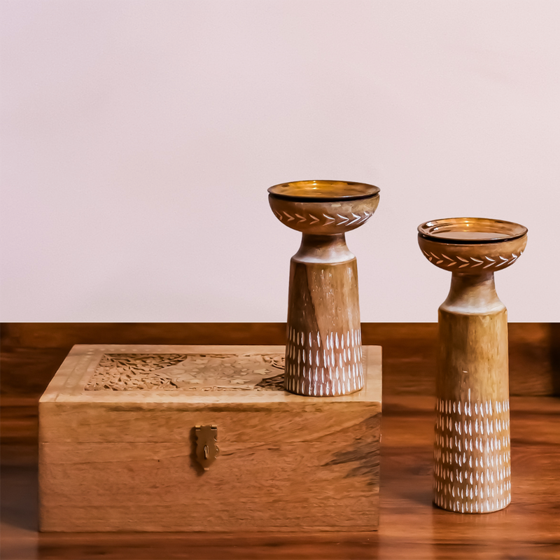 Cedar Light Candlestand | Candle Holder | Mango Wood & Copper | Set of 2