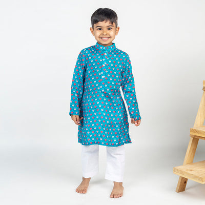 Boys Kurta Pajama | Cotton Muslin | Lotus Print | Blue