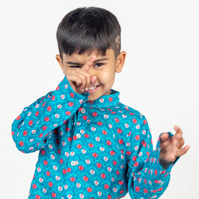 Boys Kurta Pajama | Cotton Muslin | Lotus Print | Blue