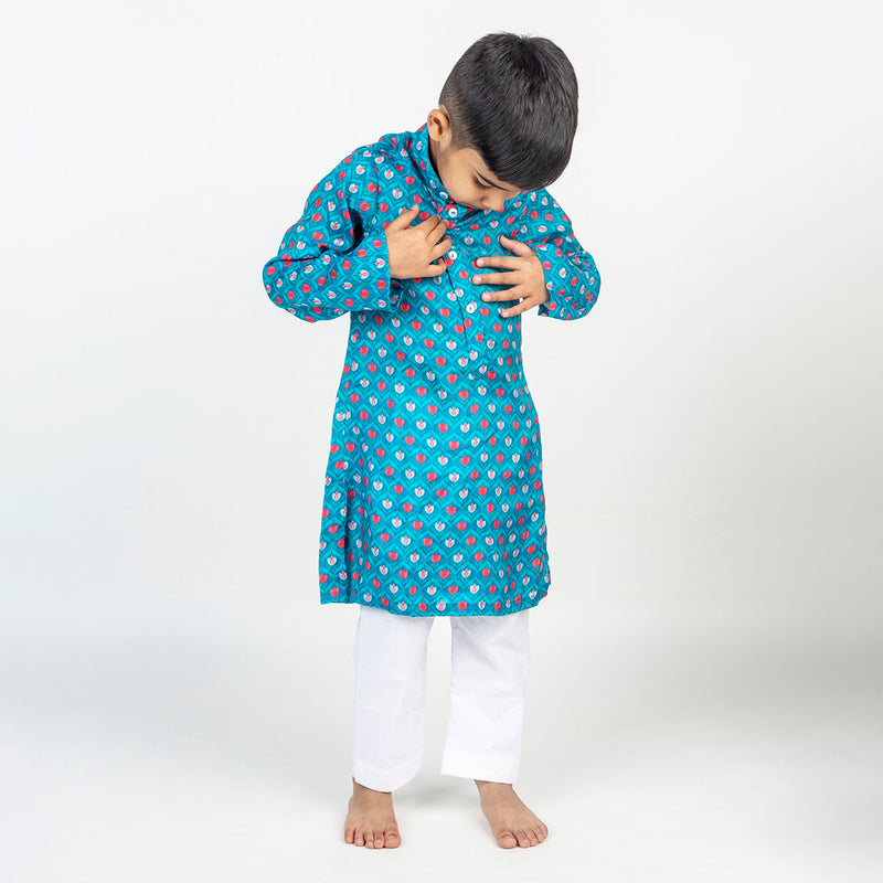 Boys Kurta Pajama | Cotton Muslin | Lotus Print | Blue