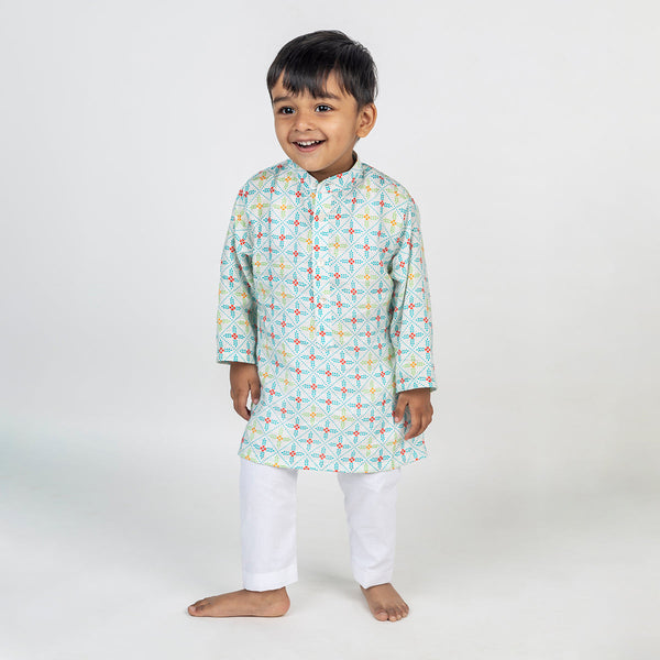 Kids Kurta Pajama | Cotton Muslin | Geometric Print | Light Blue