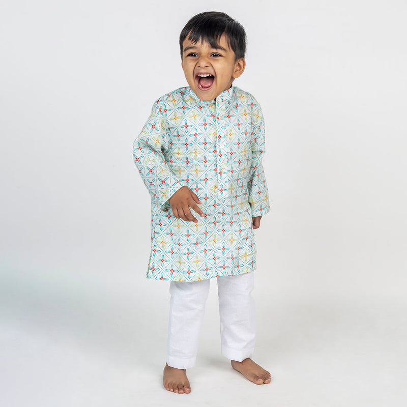 Kids Kurta Pajama | Cotton Muslin | Geometric Print | Light Blue