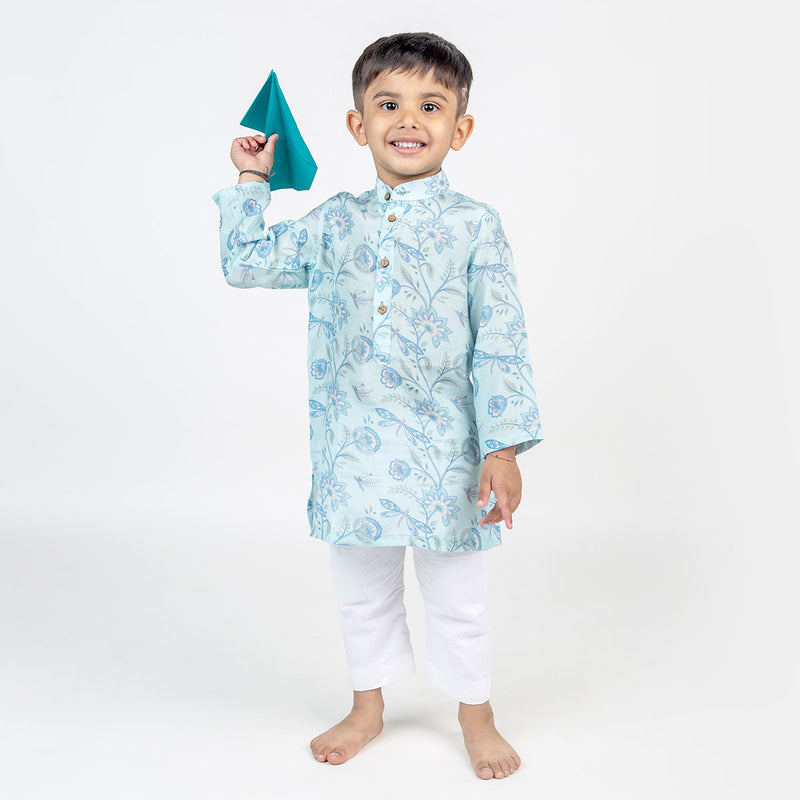 Kids Kurta Pajama | Cotton Muslin | Jaal Print | Light Blue