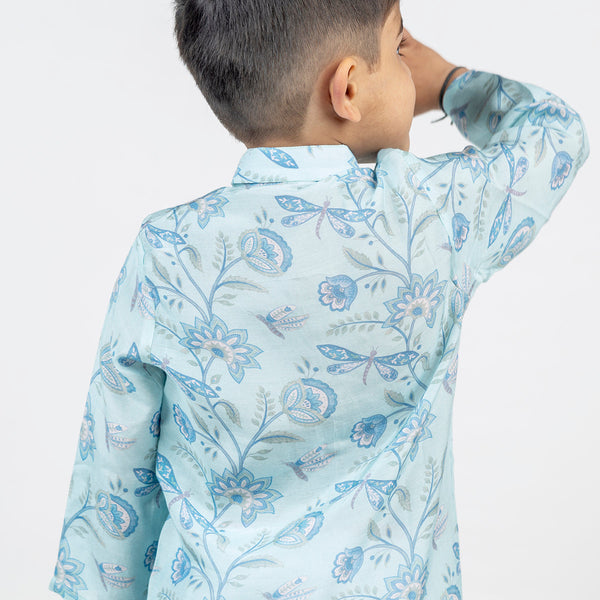 Kids Kurta Pajama | Cotton Muslin | Jaal Print | Light Blue