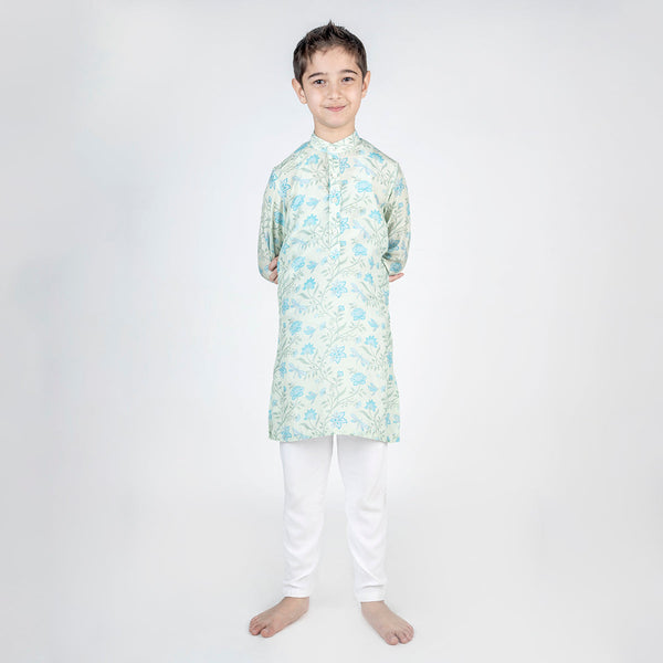Kurta Pajama for Boys | Cotton Muslin | Dragon Fly Print | Sage Green