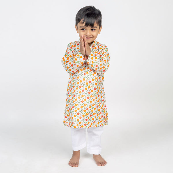 Kids Kurta Pajama | Cotton Muslin | Floral Print | Orange