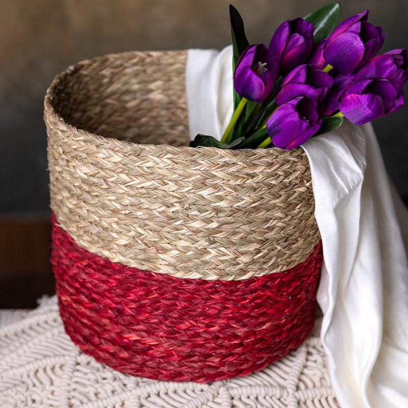 Natural Grass Planter | Storage Basket | Beige & Red | 23 cm