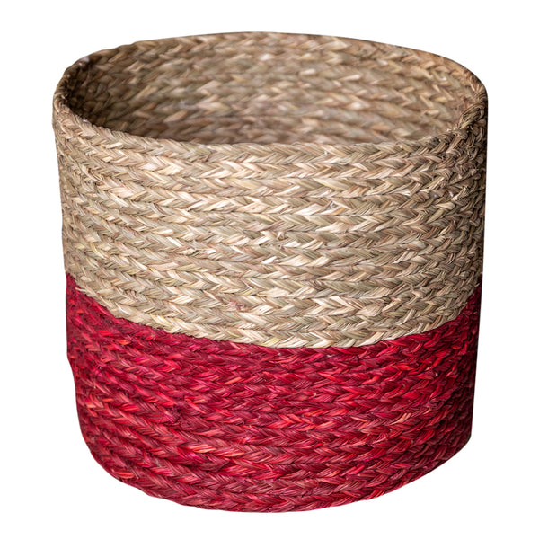 Natural Grass Planter | Storage Basket | Beige & Red | 23 cm