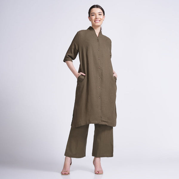 Linen Co-Ord Set for Women | Tunic Top & Pants | Olive