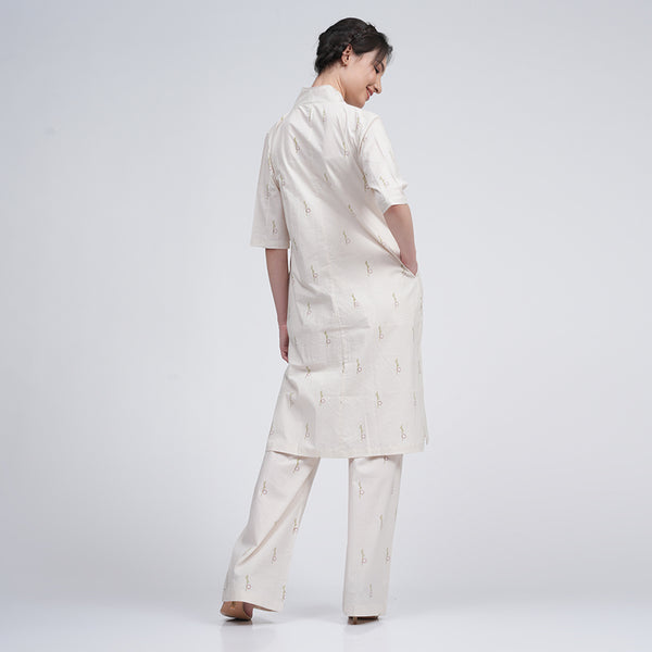 Cotton Linen Long Shirt & Pants for Women | Cream | Block Printed