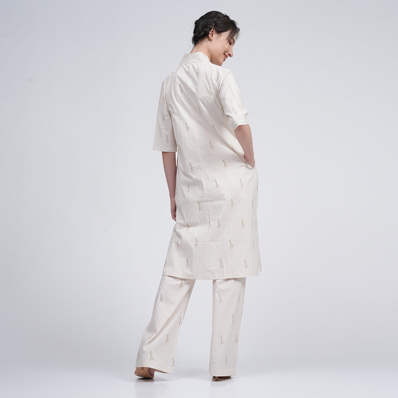 Cotton Linen Long Shirt & Pants for Women | Cream | Block Printed