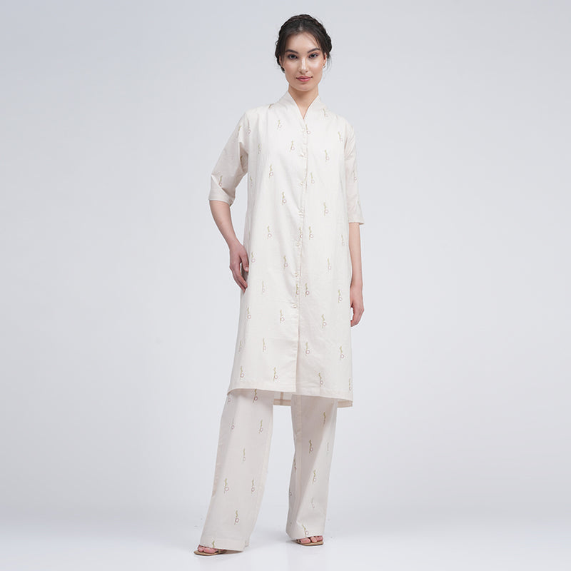 Cotton Linen Long Shirt & Pants for Women | Cream | Block Printed